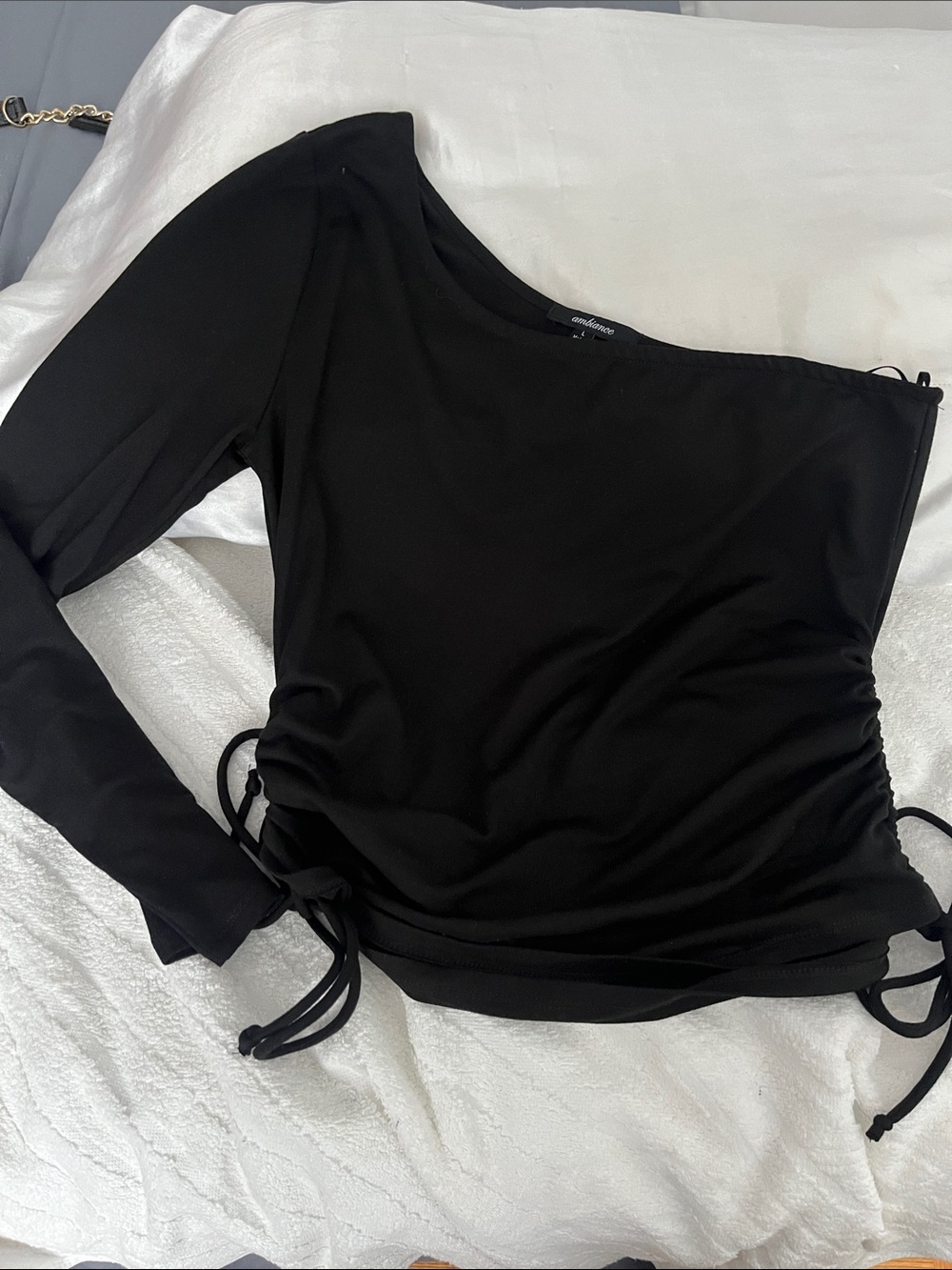 Ambiance Black One-Shoulder Ruched Side Top